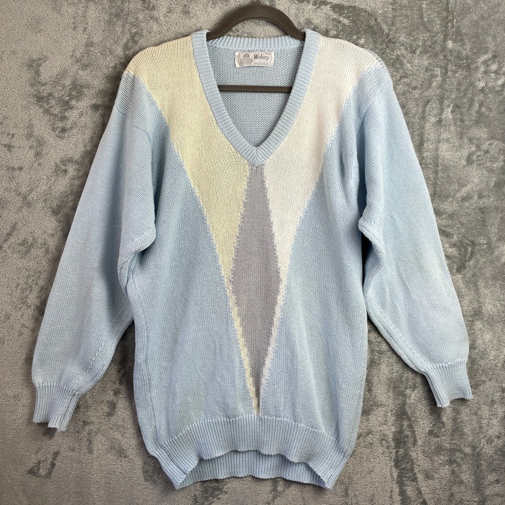 Vintage Scotland Wolsey Pullover Sweater 38/L Blue Pastel V Neck Jumperโ 70s 80s